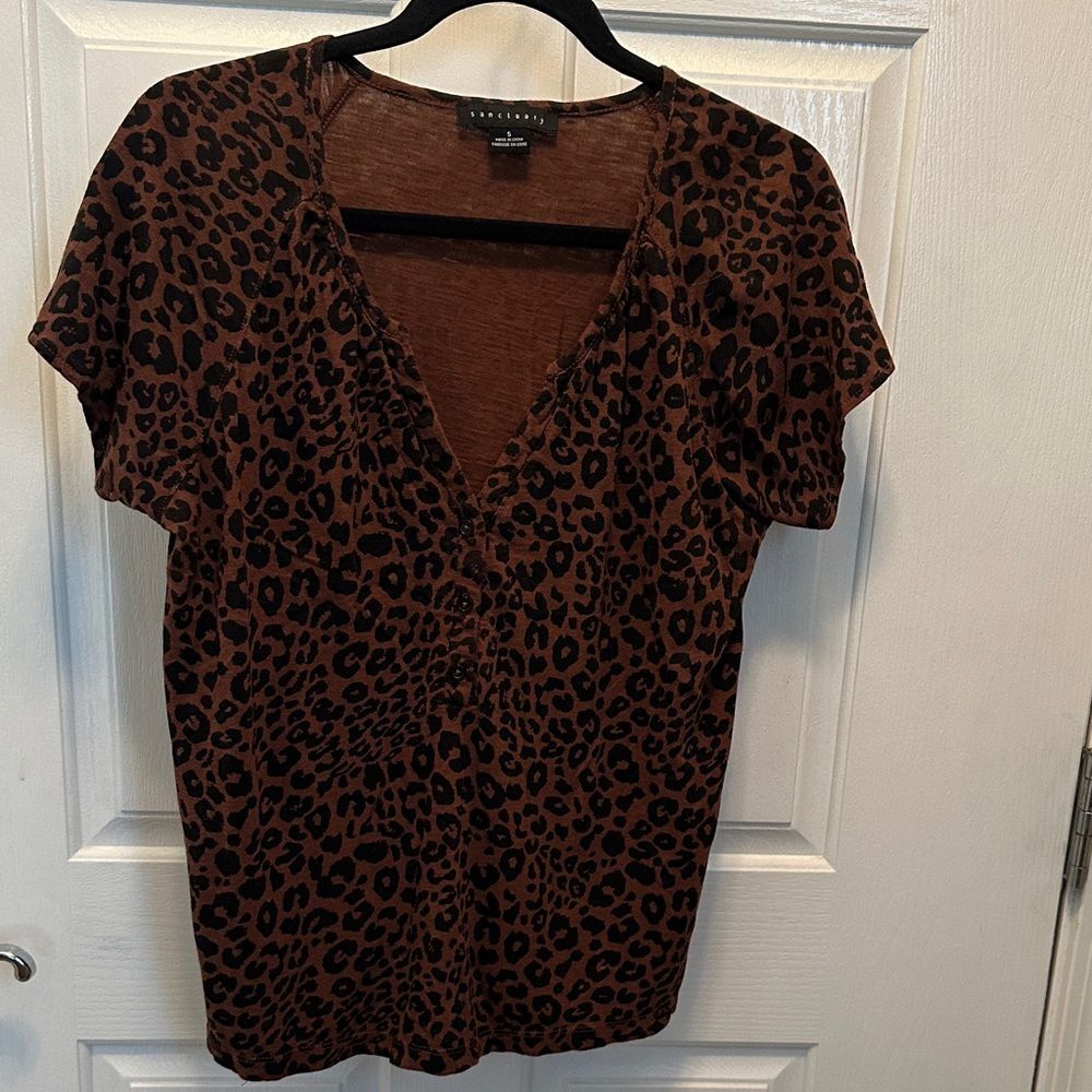 Sanctuary Brown Leopard Print Short Sleeve Top Size Small